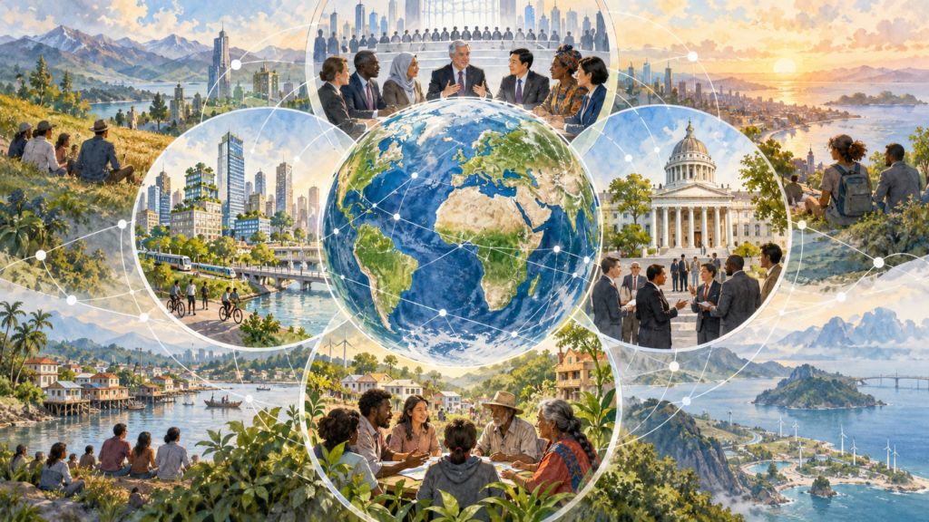 local, national and international institutions cooperating through global governance