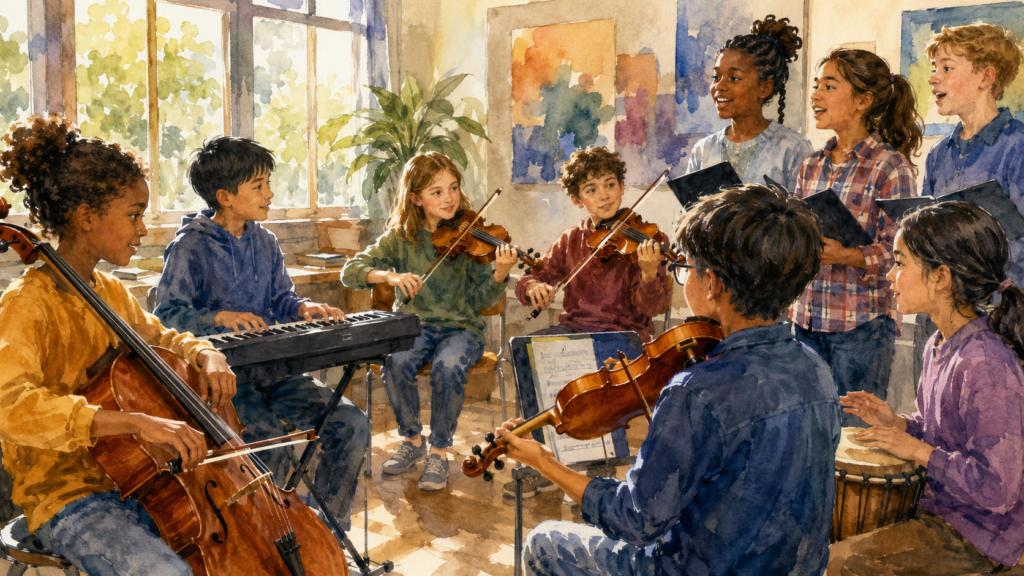 children learning cooperation and teamwork through group music making