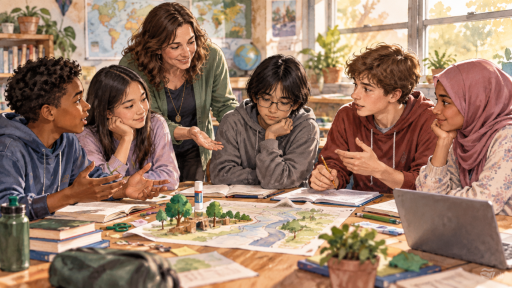 teacher helping students develop cooperation, dialogue and empathy through classroom interaction
