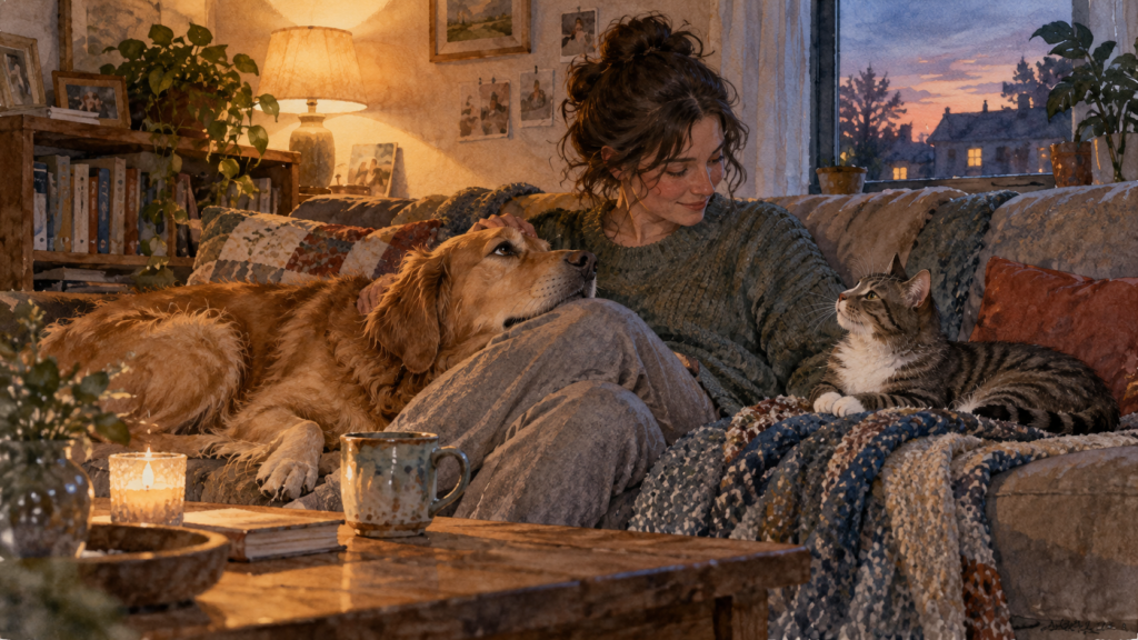 human and companion animals sharing a quiet emotional bond