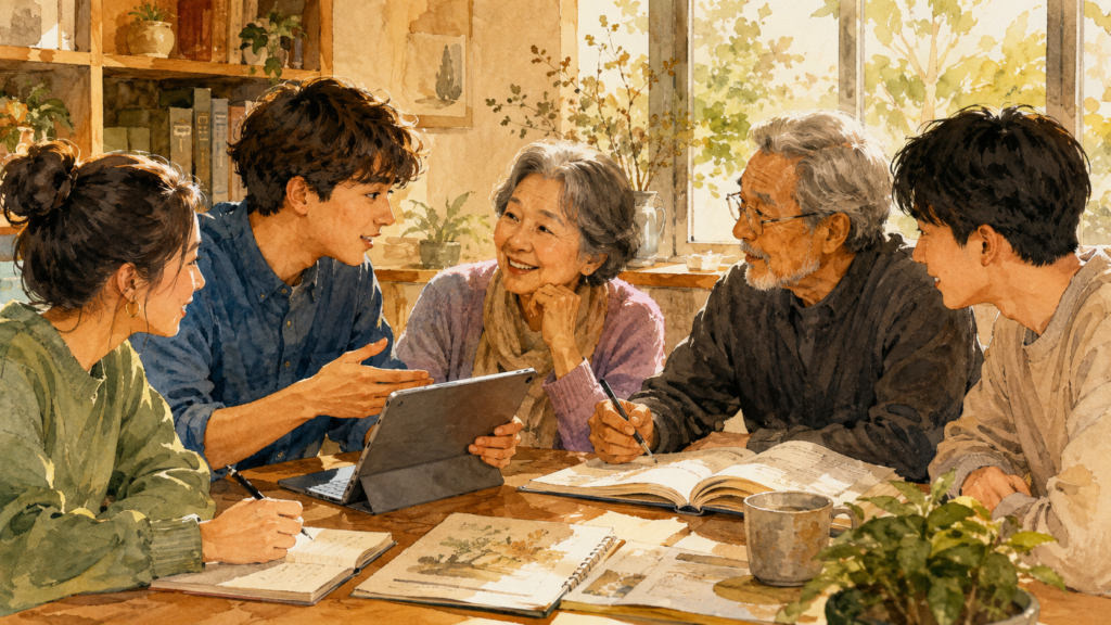 younger and older generations sharing digital skills, knowledge and experience