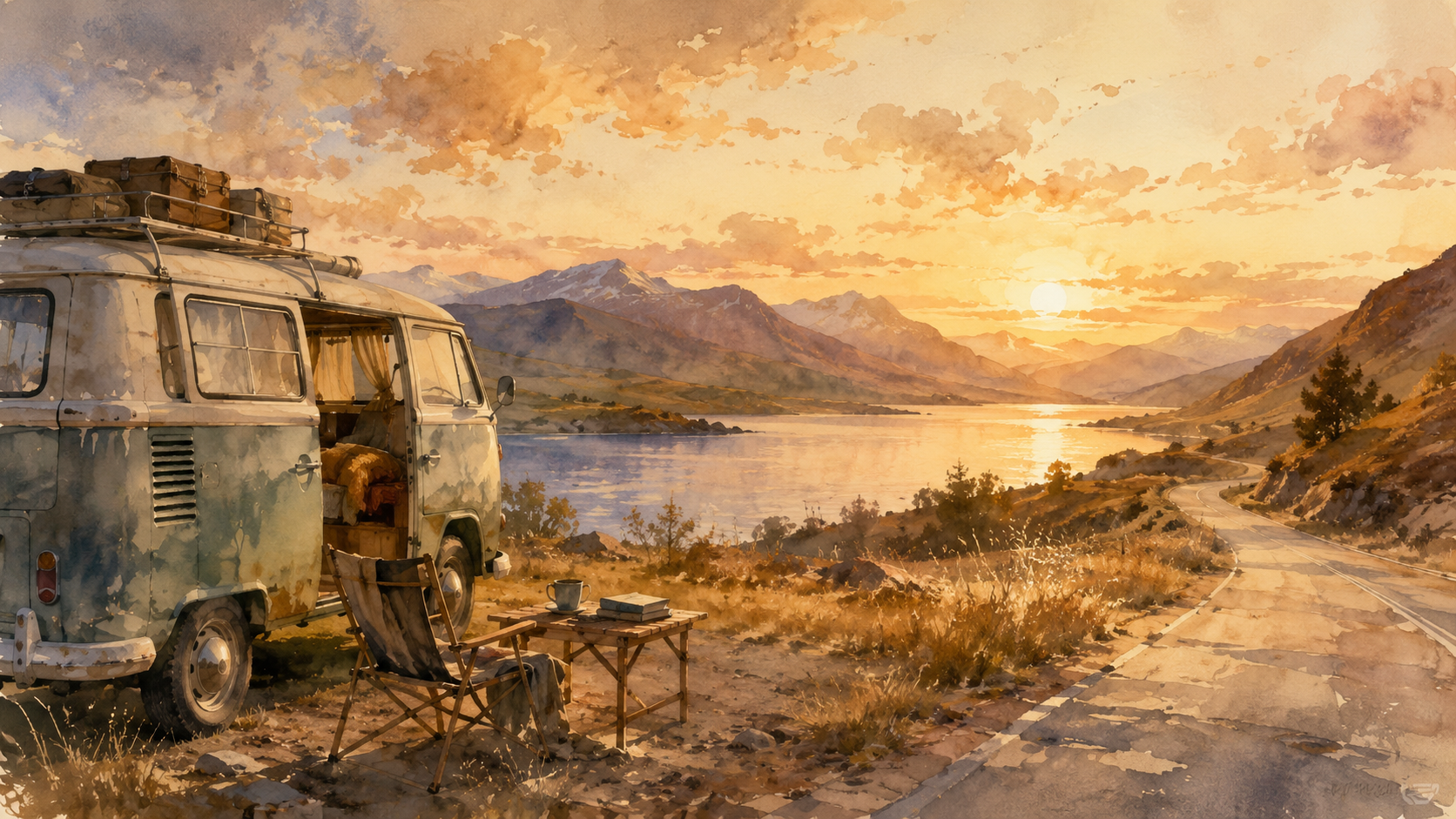 small camper van beside a quiet lake symbolizing the dream of an open-road journey