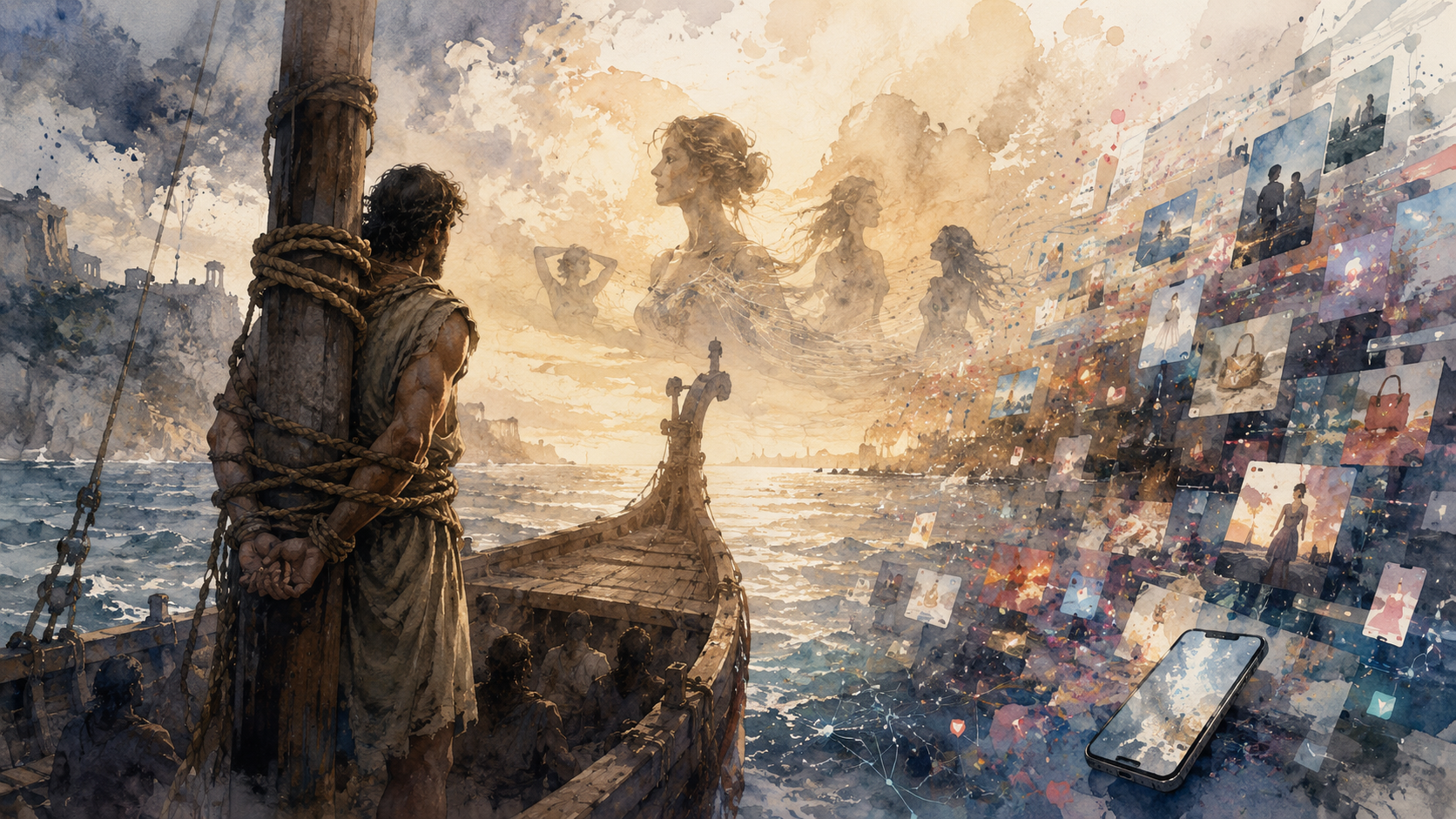 Odysseus and the Sirens symbolizing digital temptation, desire and self-control