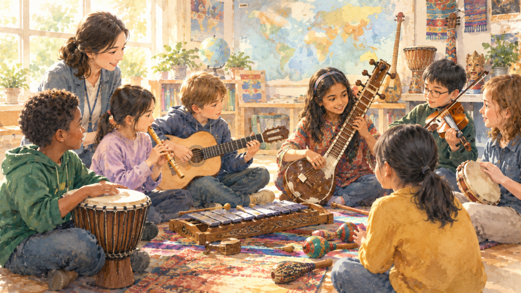 children discovering different cultures and musical traditions through music education