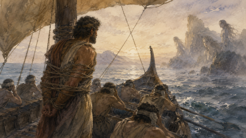 Odysseus bound to the mast to resist the temptation of the Sirens