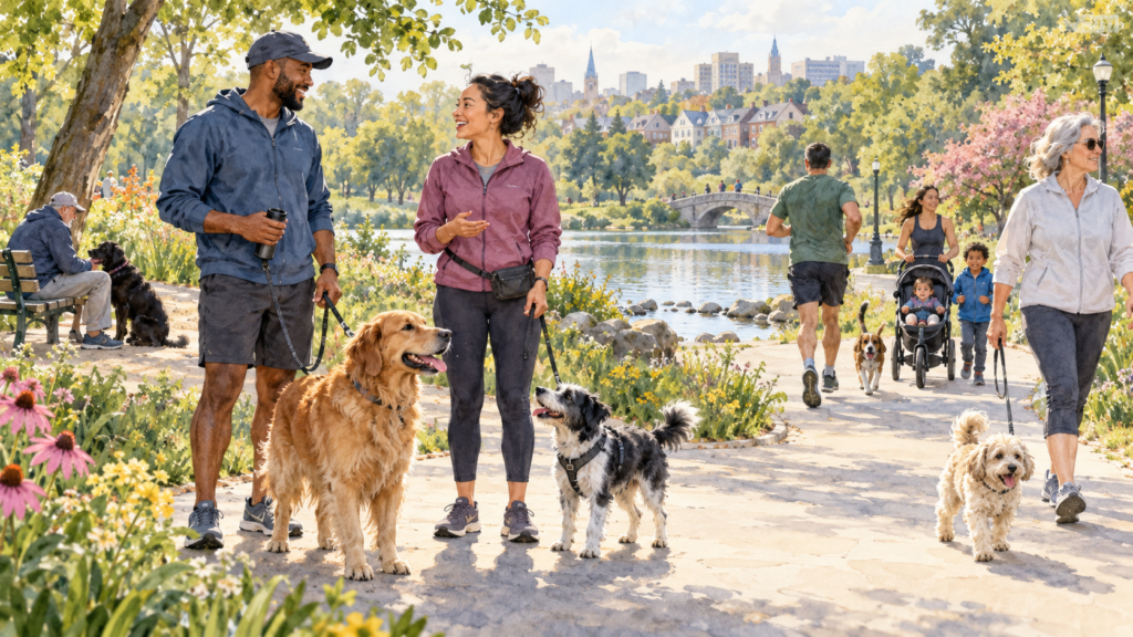 dog walking encouraging physical activity and social interaction