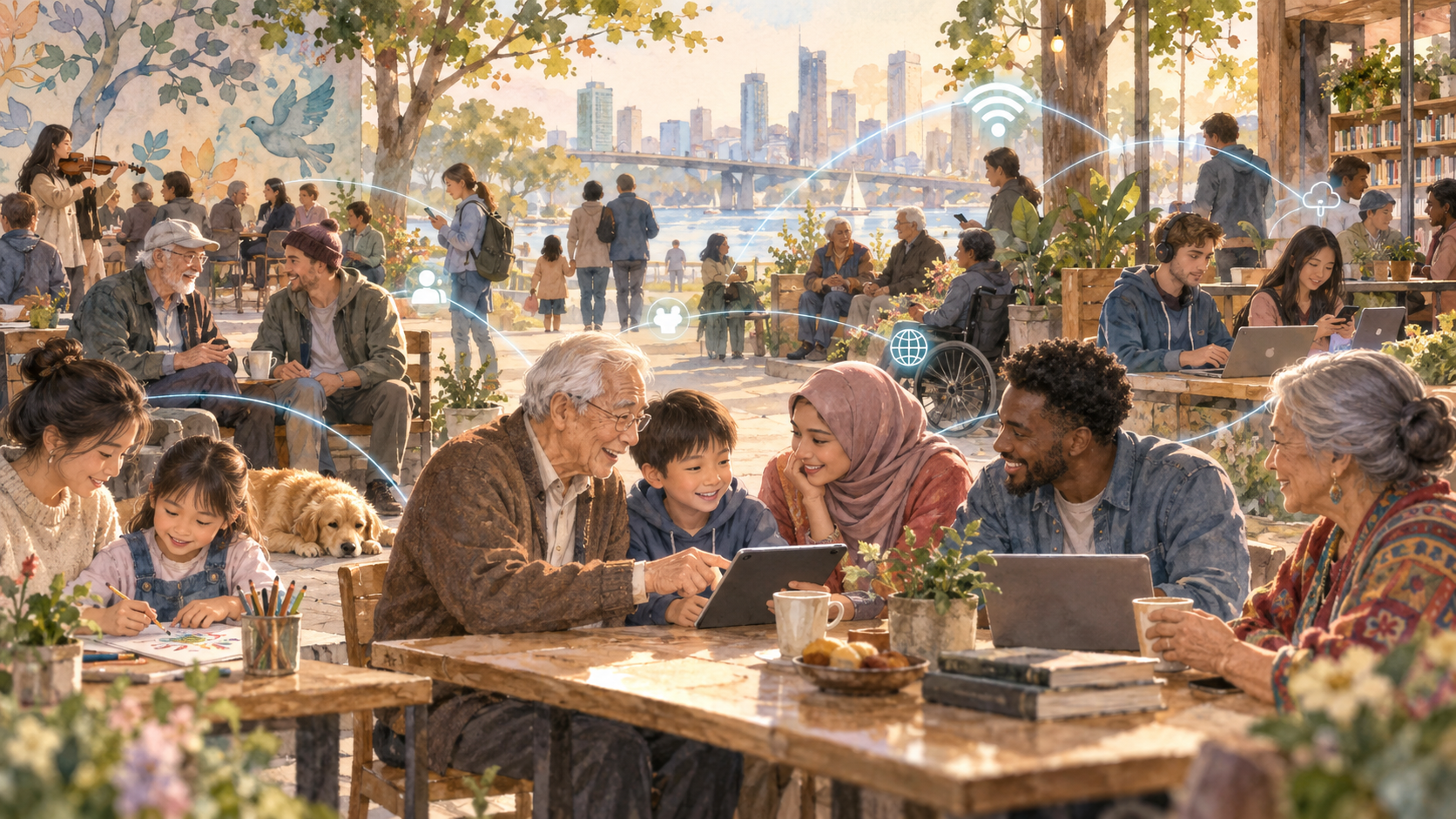 different generations balancing traditional community values and modern digital culture